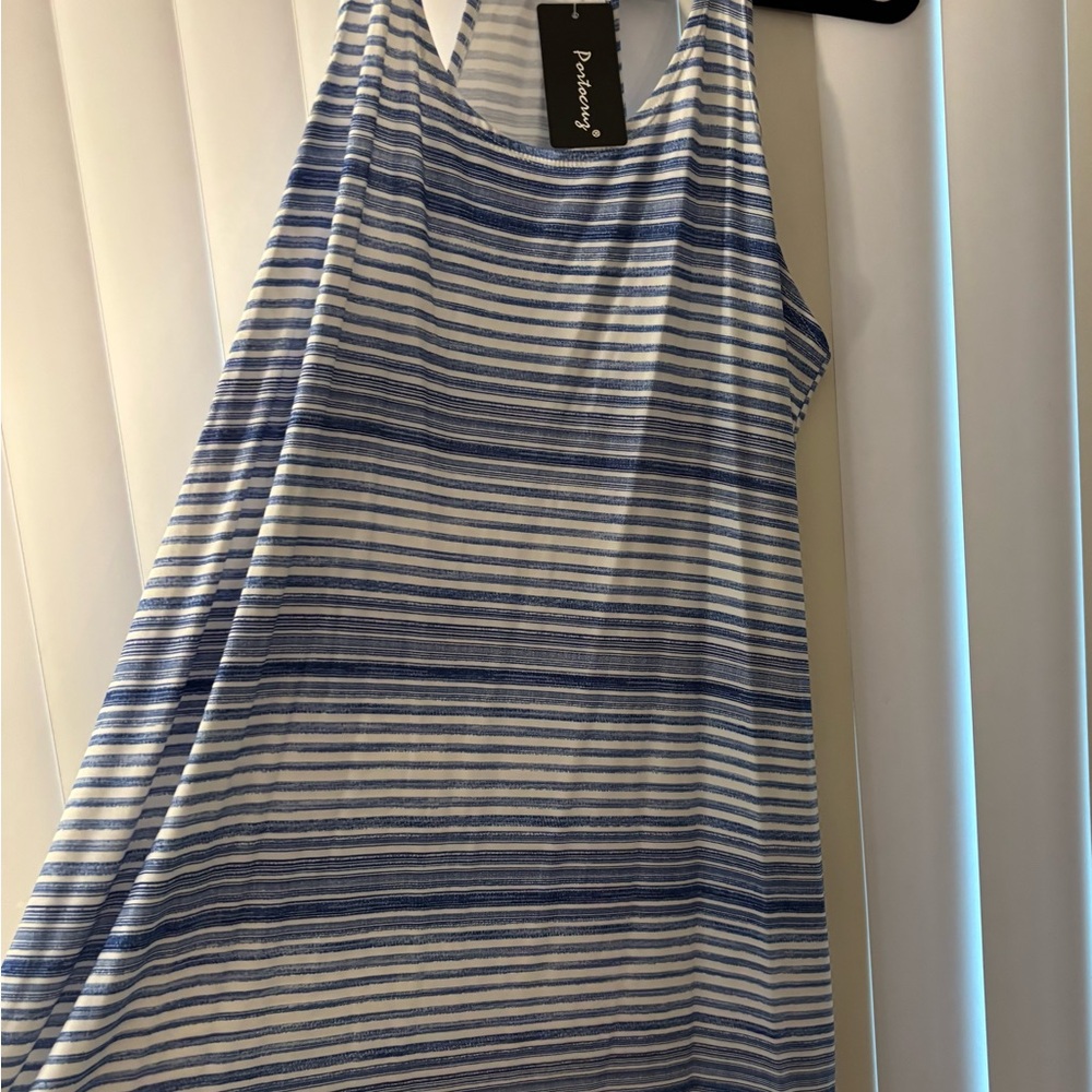 Portocruz Swimsuit Cover Up Striped Blue and White T-Back Tank Dress Size Large - Picture 3 of 12
